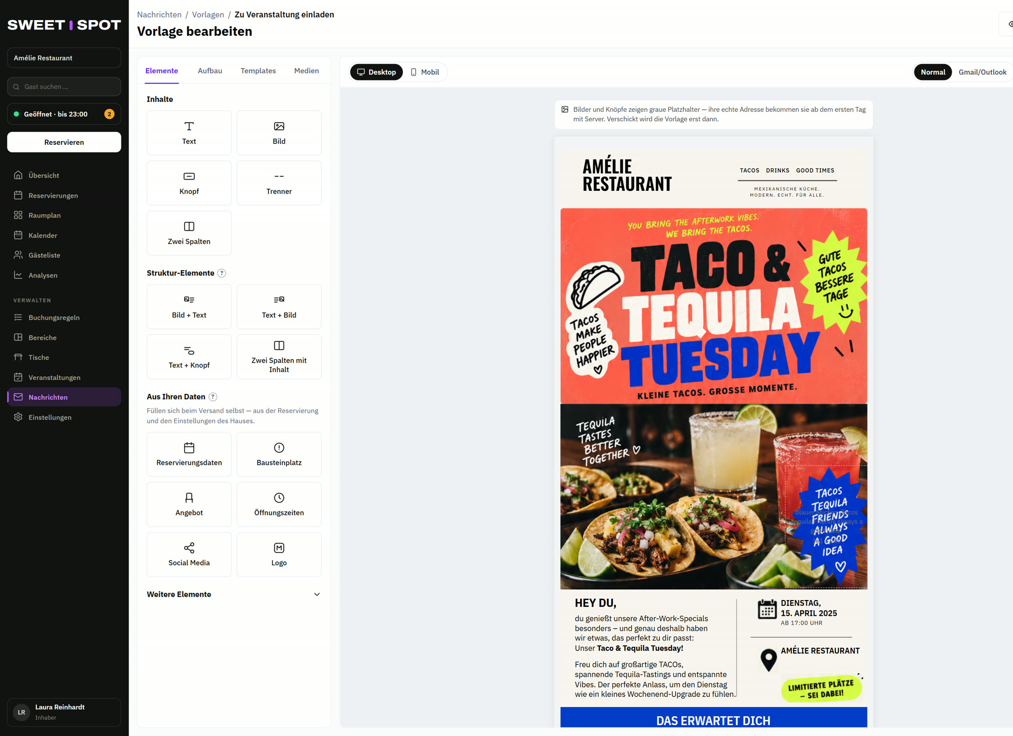 Der E-Mail-Editor mit der Einladung zum Taco & Tequila Tuesday